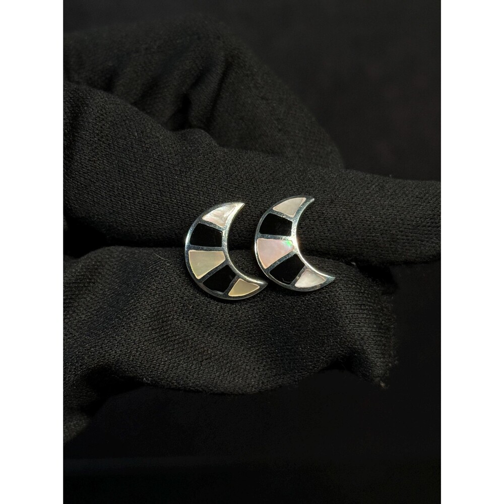 Onyx MOP Crescent Sterling Silver Stud Earrings